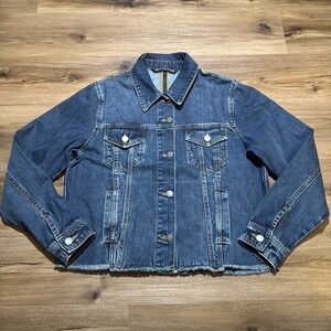 Peruvian Connection Women's LARGE Denim Button Up CASEY Jean Jacket Blue Biker